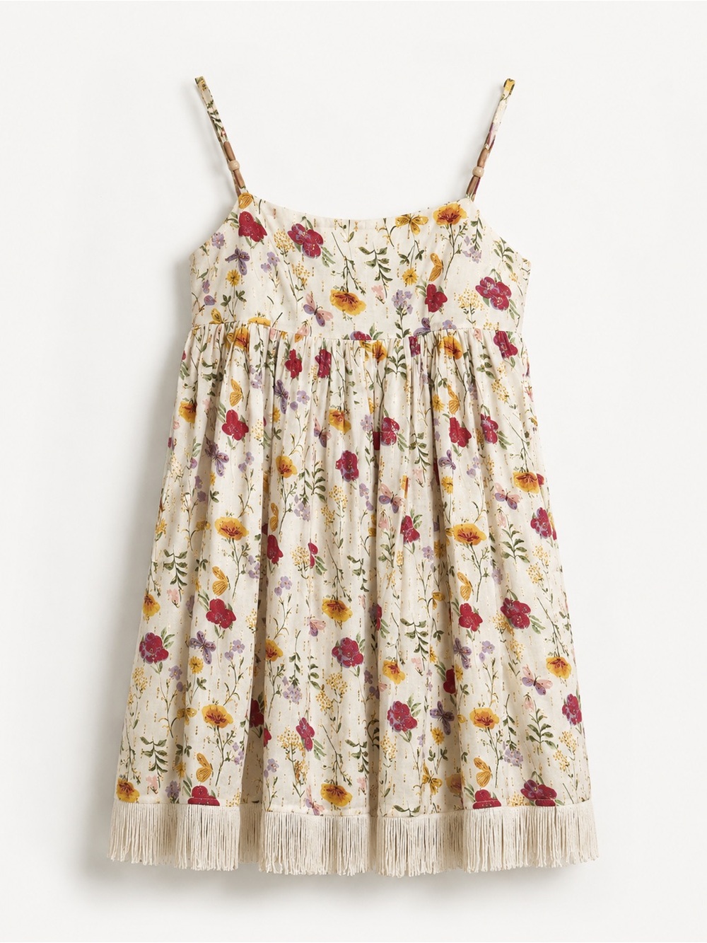 EDDY Gavin Fringe Mini Dress White & gold with Floral print butterfly Boho chic